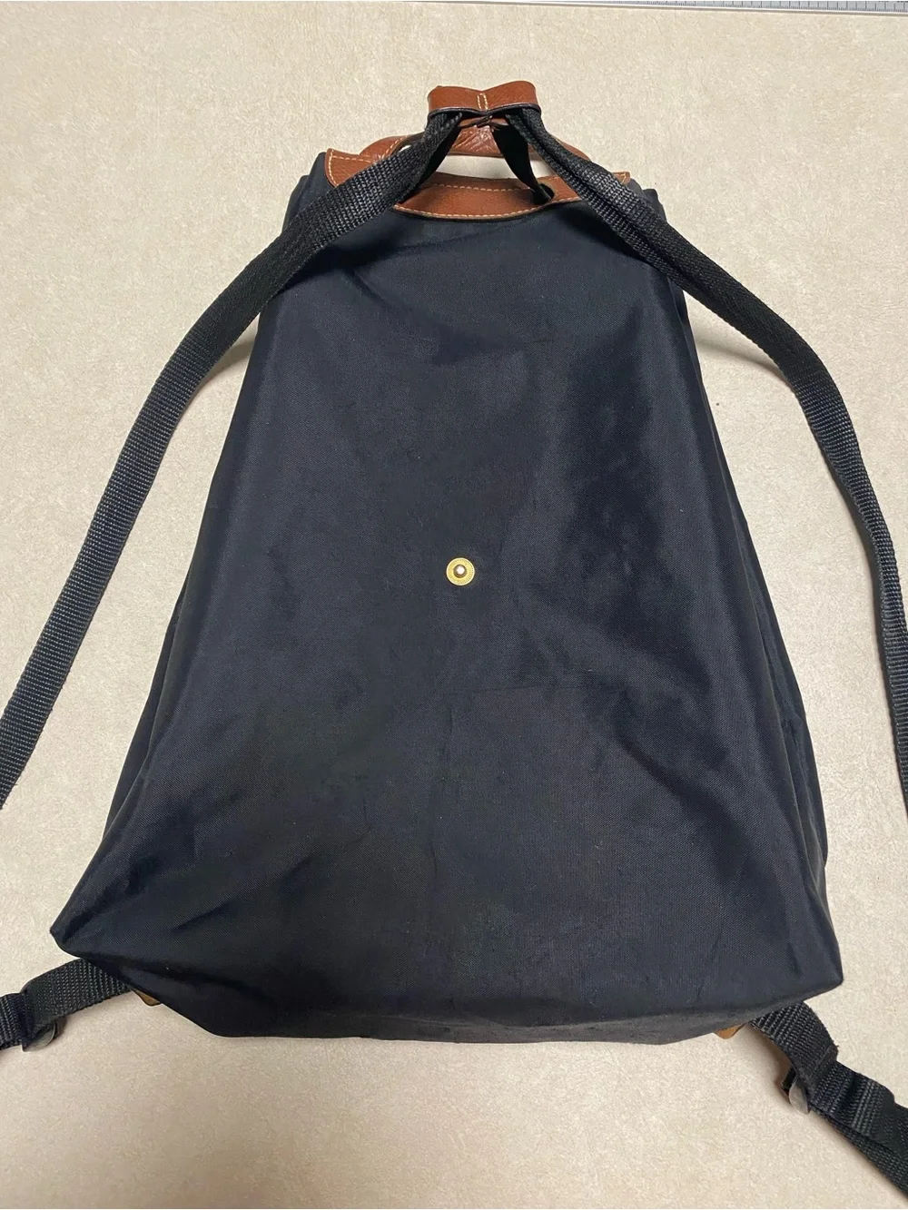 Longchamp Le Pliage Drawstring backpack Black Tan Leather 2 Way Folding NAM LIG